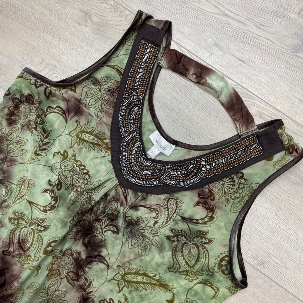 Dressbarn Tank Top Women PXL Green Paisley Beaded Neck Sleeveless Blouse y2k